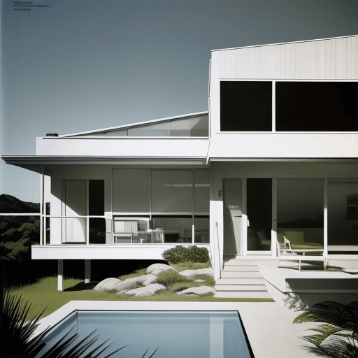 AI generated: Hyper realistic eye level exterior photo of a mid century modern style house overlooking the ocean, ...