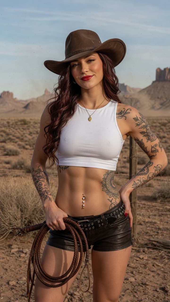 AI generated: "Photorealistic portrait of a stunning athletic woman in her mid-20s standing confidently in a deser...