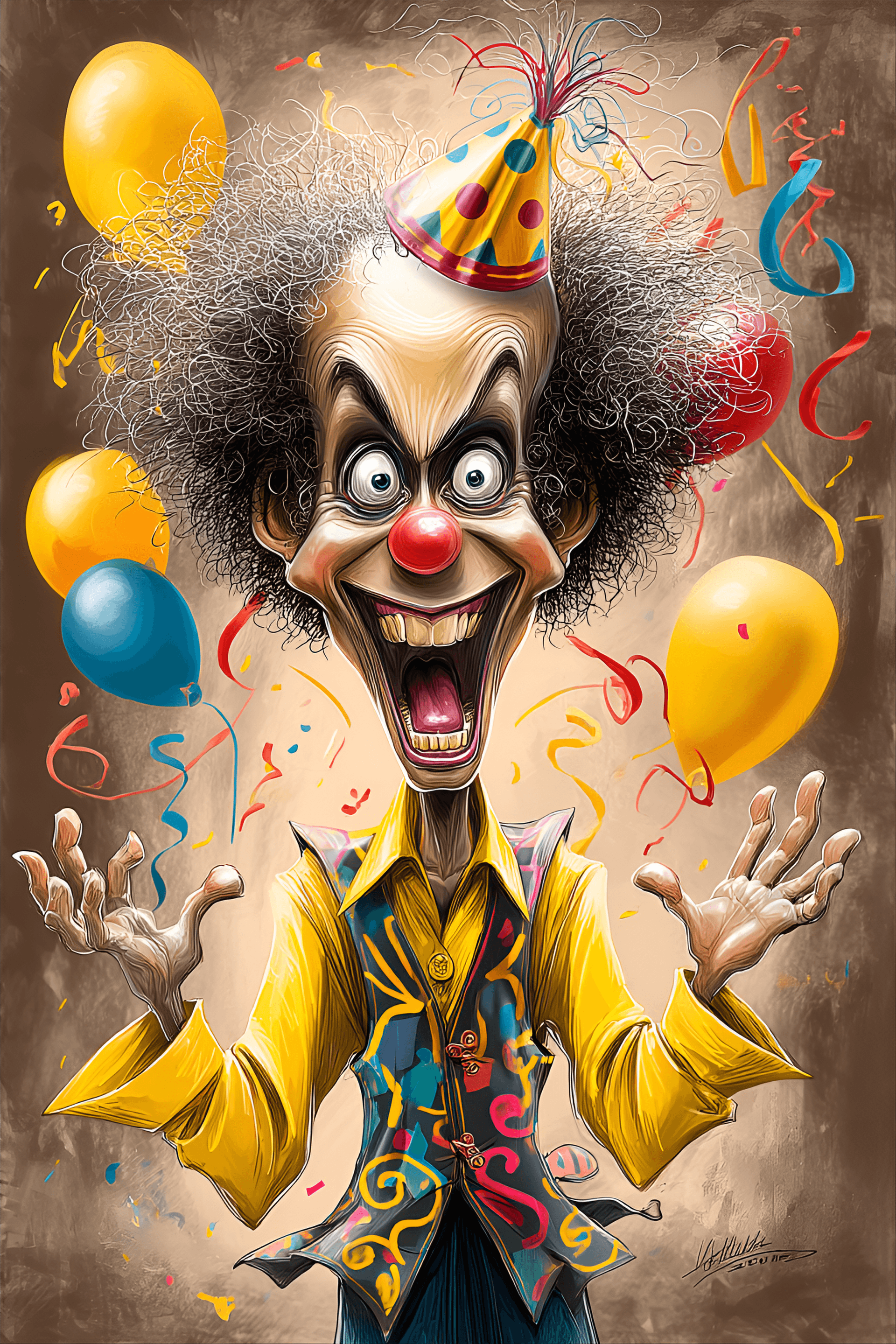 AI generated: funny caricature, manic party clown, 40 years old, wild-eyed, grinning, frizzy-haired, exaggerated e...