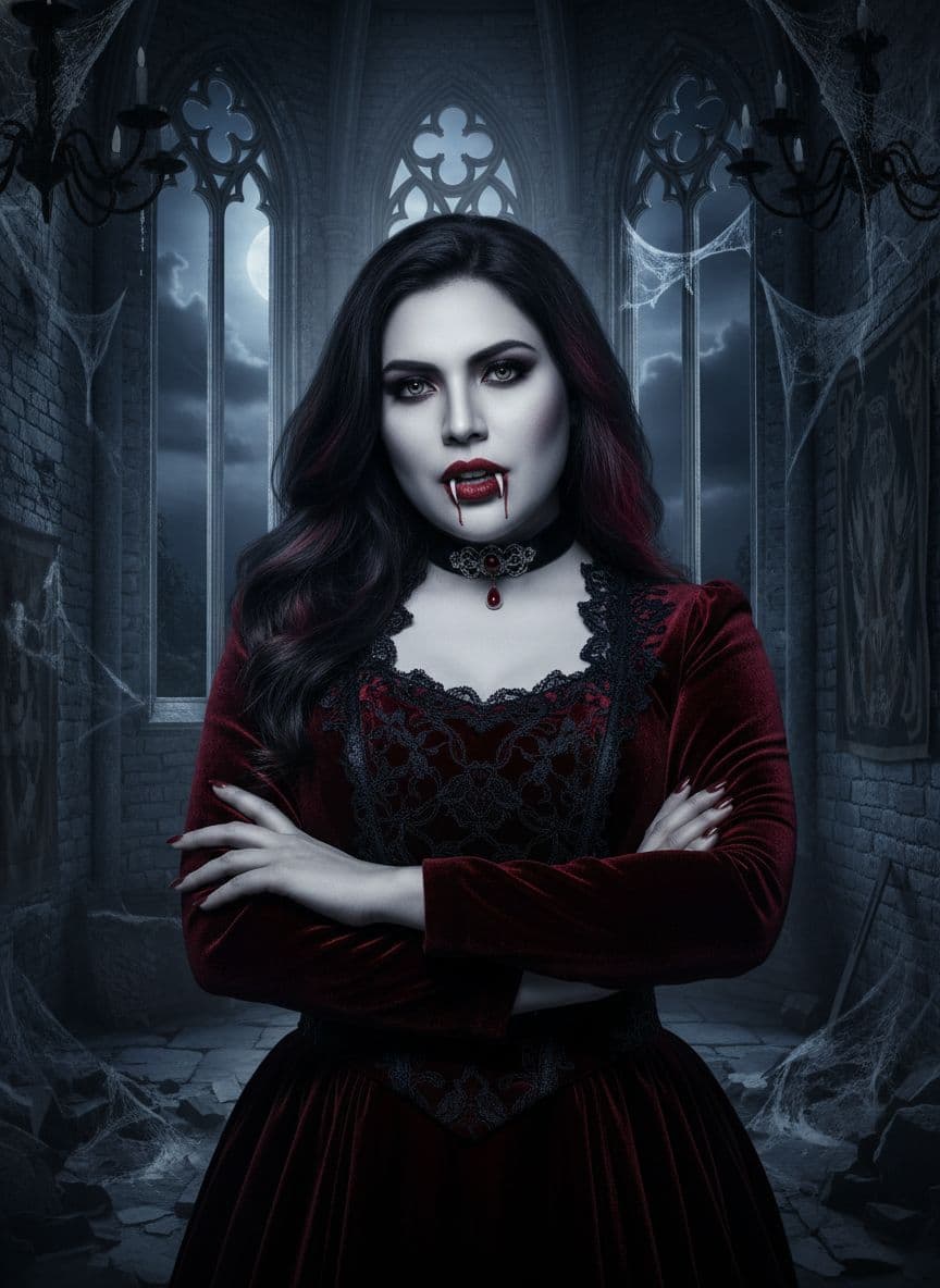 AI generated: Mujer vampiro con la cara de la persona de la imagen que subí.