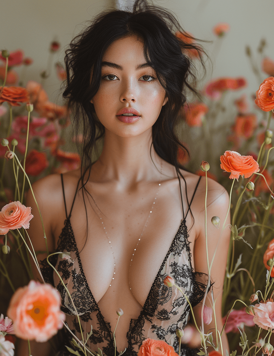 AI generated: black haired woman posing amidst bright flowers in a black dress, in the style of soft, painterly br...