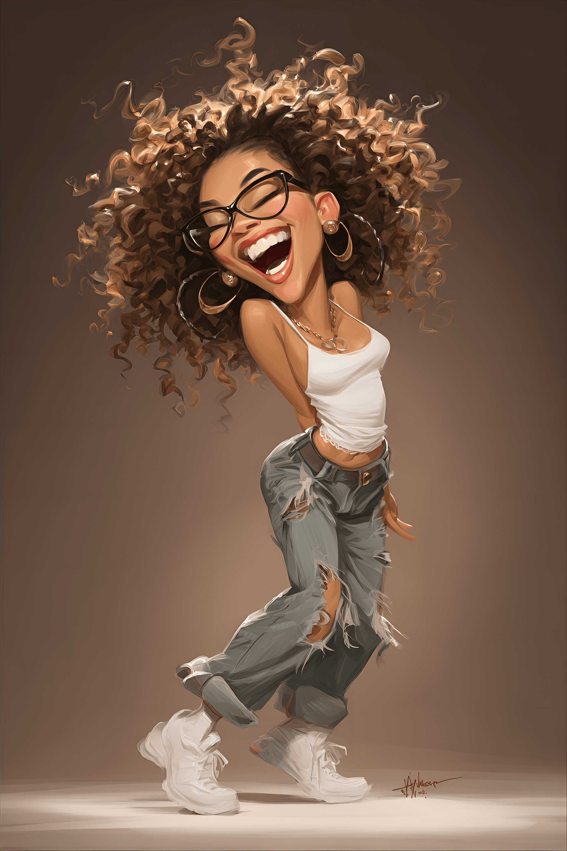 AI generated: funny caricature, hip-hop dancer caricature, young african-american female, 20 years old, big curly ...