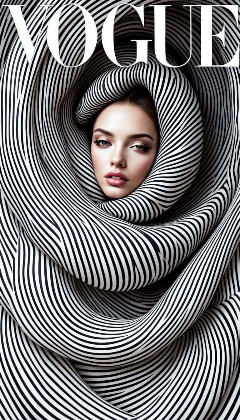 AI generated: VOGUE magazine cover featuring a mesmerizing woman wrapped in a swirling vortex of stripes. The line...