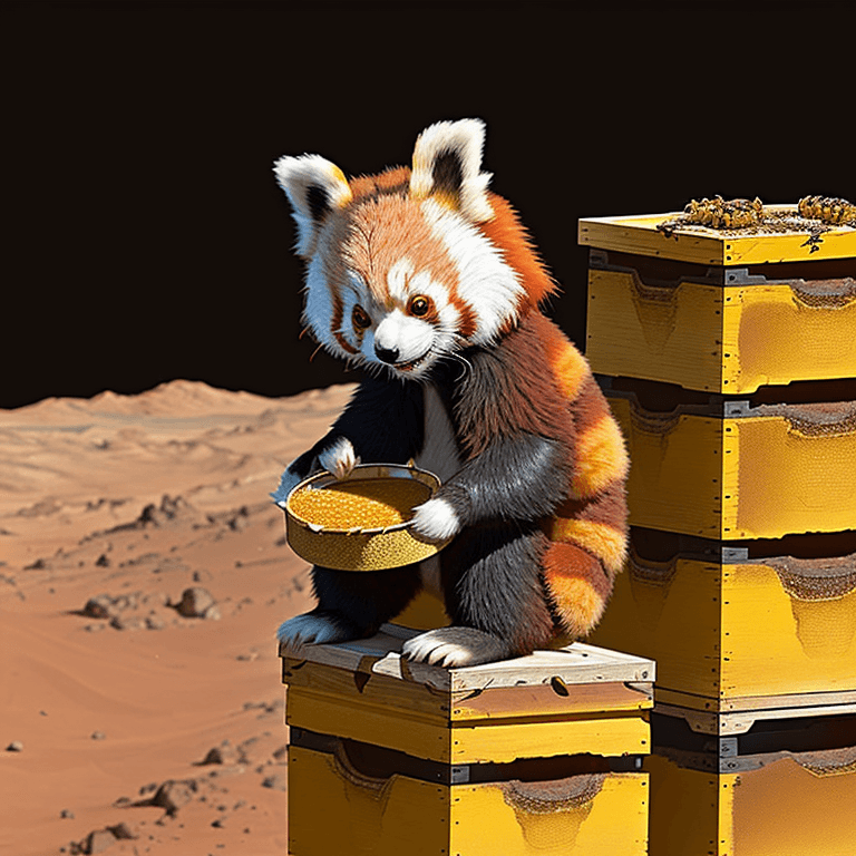 AI generated: Red panda on Mars eating honey from bee hive