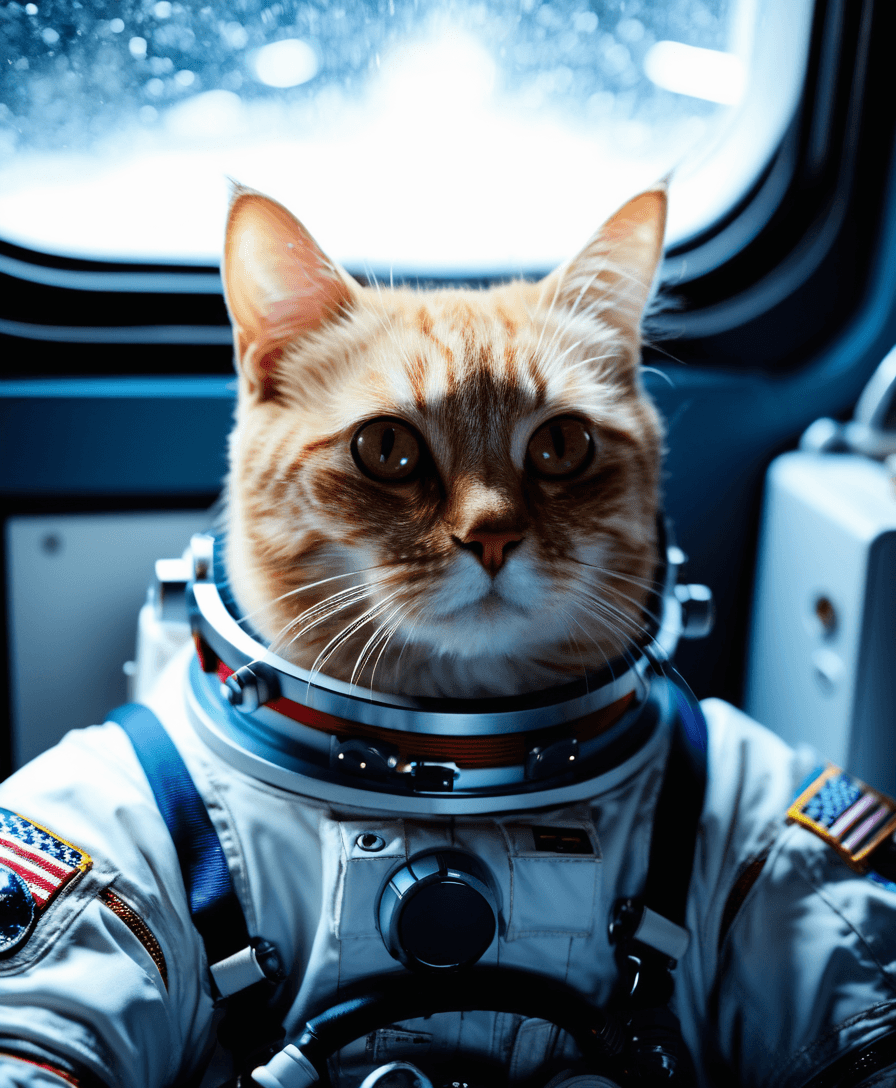 AI generated: cinematic still {Ralistic, ((Masterpiece, best quality)), cute cat in astronaut suite space, Ultra-H...