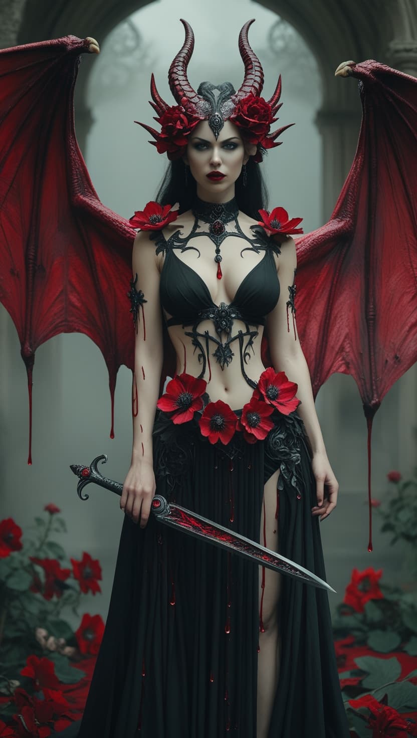 AI generated: A sorceress with crimson dragon wings, her body adorned with flowers that bleed black ichor, holding...