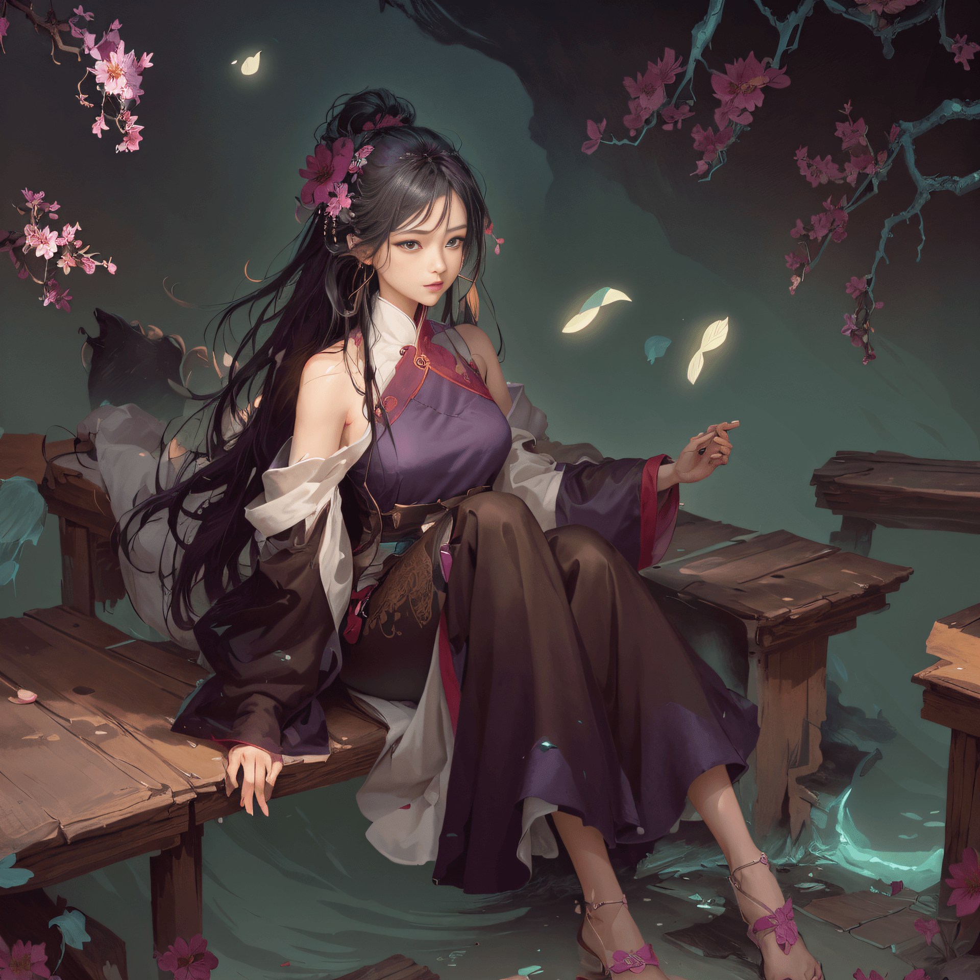 AI generated: there is a woman sitting on a bench with a flower in her hand, palace ， a girl in hanfu, artwork in ...