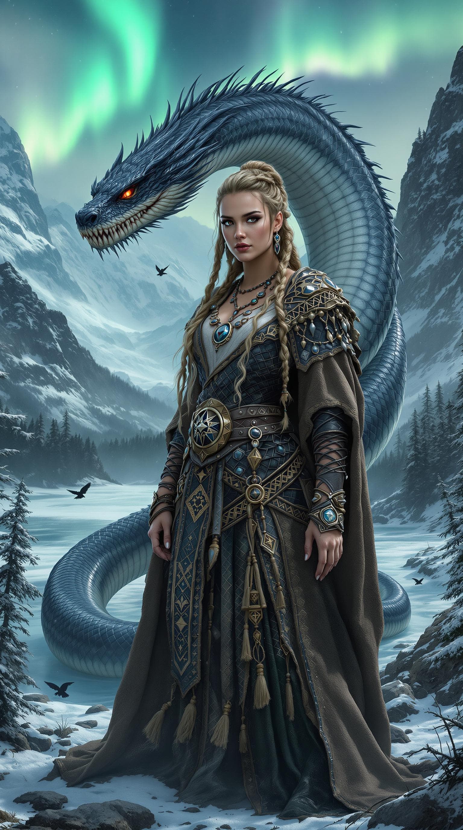 AI generated: full body shot, hyper-realistic, A beautiful ancient Norse woman stands tall and proud, her striking...