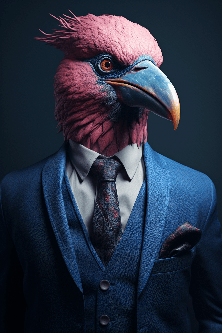 AI generated: the bird is wearing a dark suit, in the style of photorealistic surrealism, aleksandr deyneka, corpo...