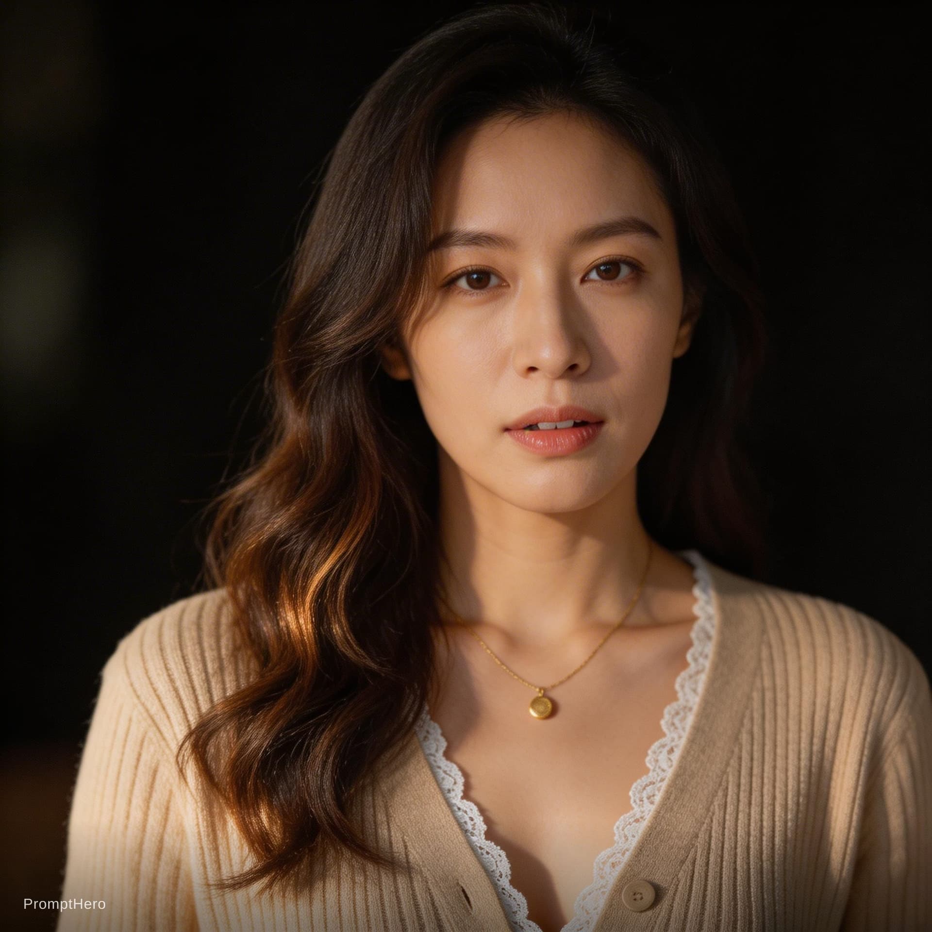 AI generated: A photorealistic close-up portrait of an adult woman in a dimly lit, moody studio setting, captured ...