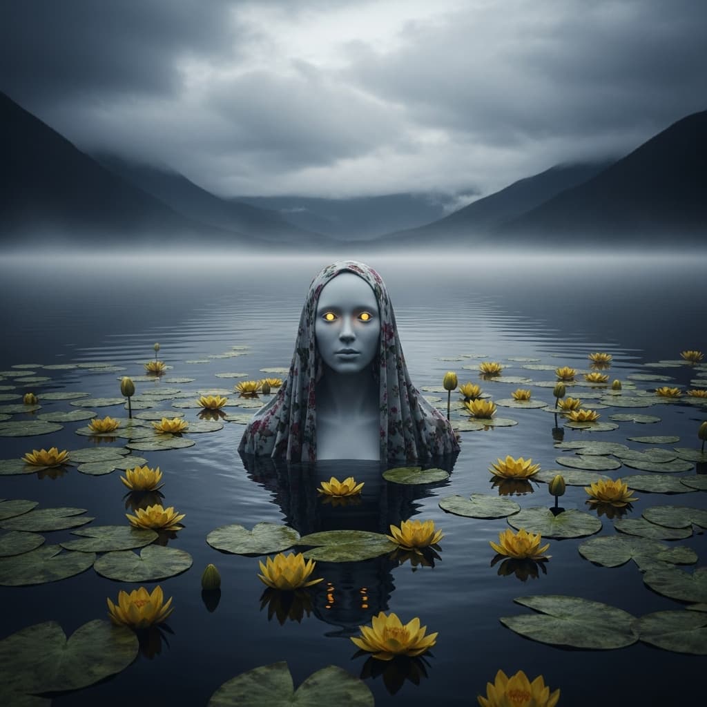 AI generated: A haunting, surreal scene unfolds on a still, ink-dark lake cloaked in mist. A ghostly figure with a...