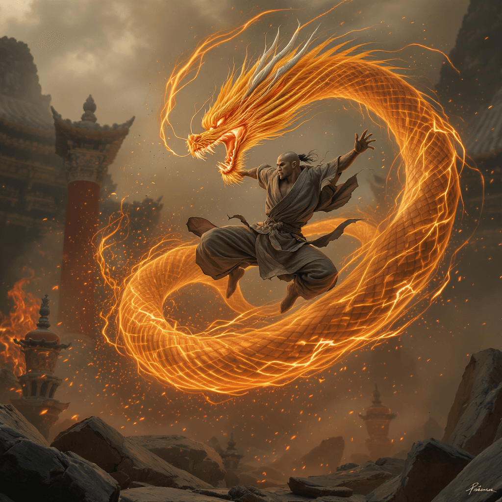 AI generated: Create a hyper-realistic, cinematic fantasy image of a martial artist (use the facial features and l...