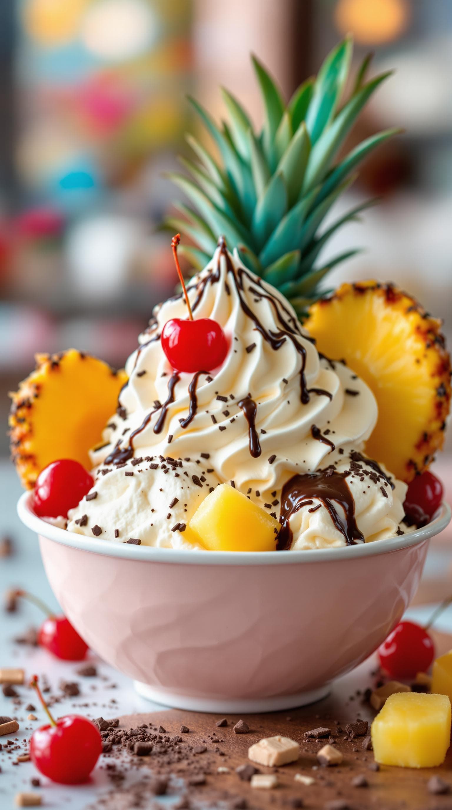 AI generated: bowl of delicious icecream, topped with cream, pineapple, cherries, sprinkeld with chocolate, hi glo...