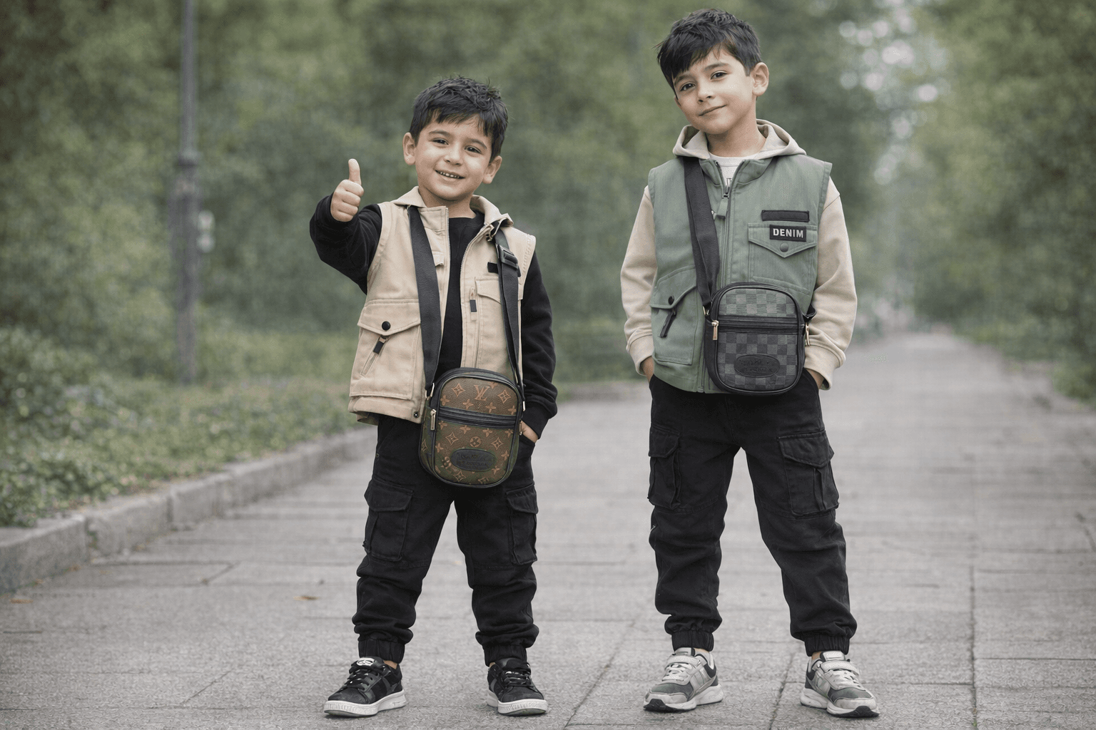 AI generated: Complete image of 2 boys of 6 and  8 years old from head to foot .with different position having thi...