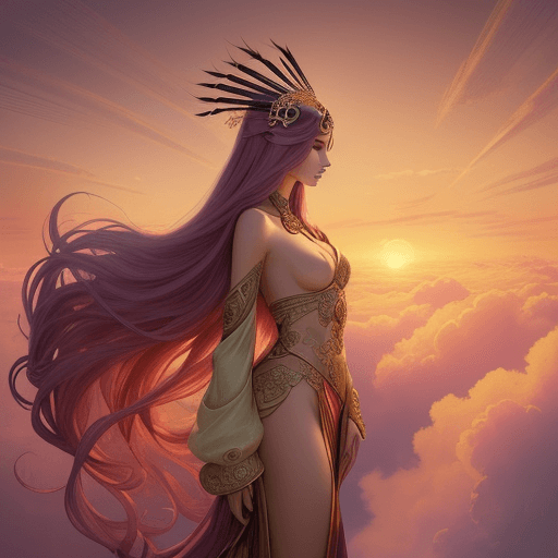 AI generated: A woman in a medium shot stands amidst a sea of clouds under the setting sun, her figure two-thirds ...