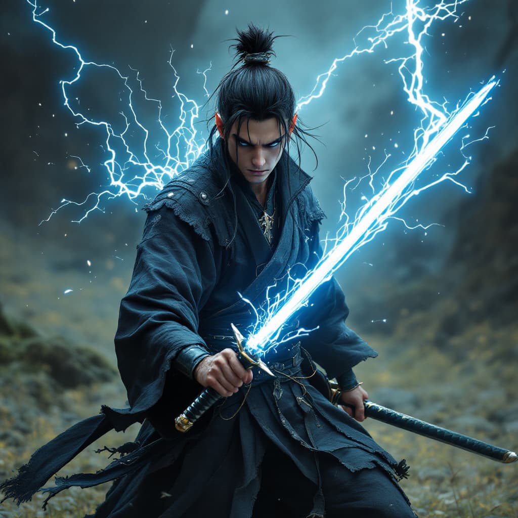 AI generated: a guy with lighting katana
