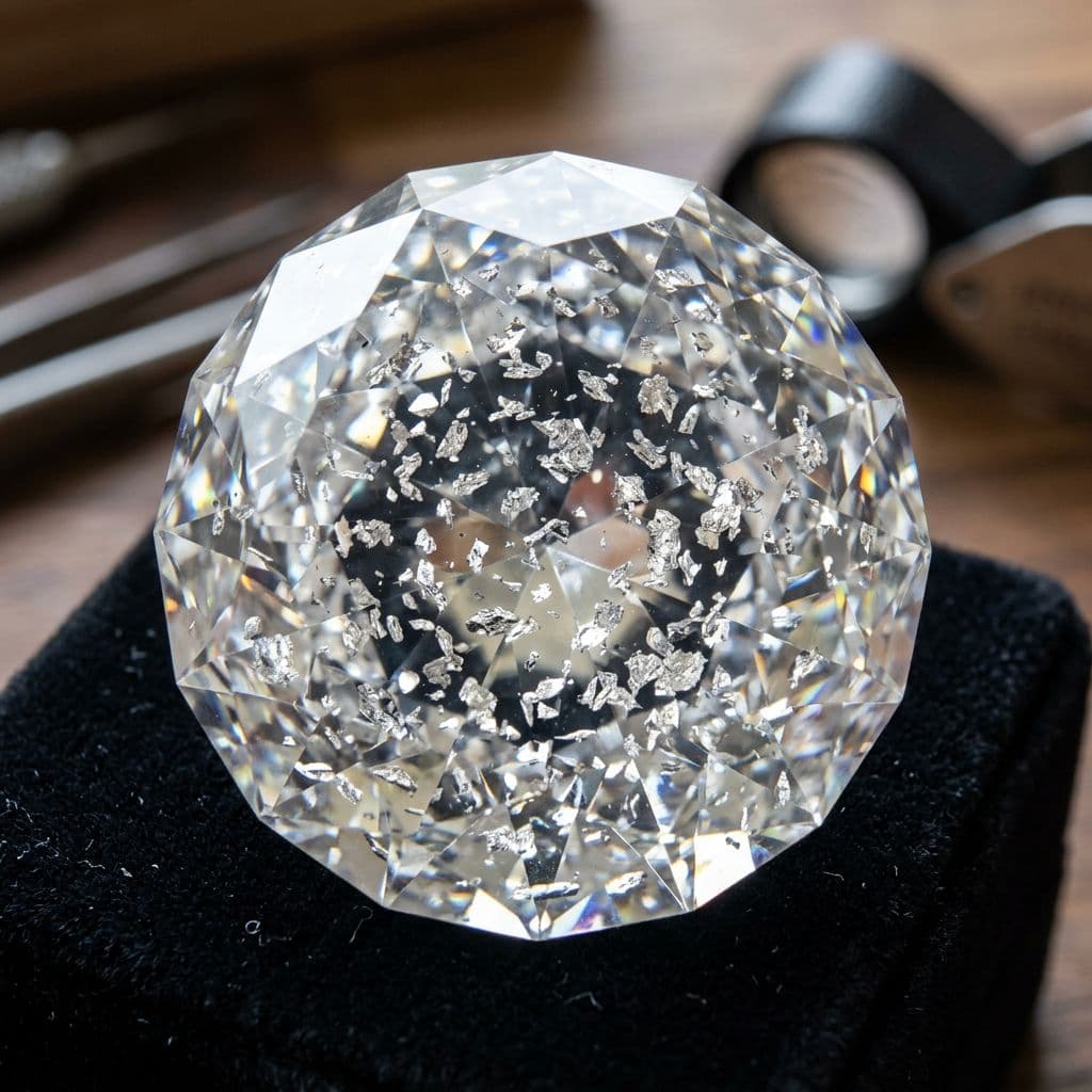 AI generated: a brilliant crystal made of diamond with shards of platinum flakes through out 