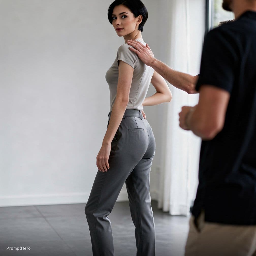 AI generated: The provocative heavy pose: I make her stand in front of me and put her hand on my shoulder. A girl ...
