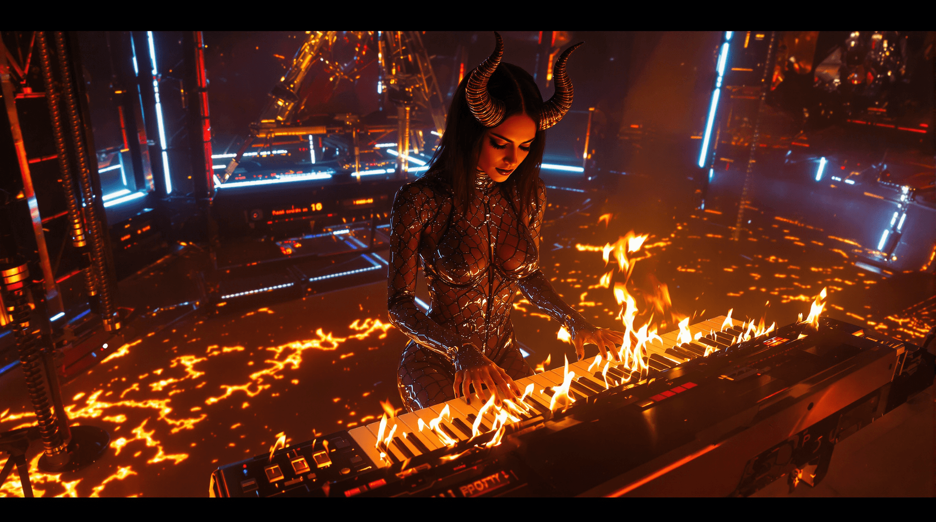 AI generated: High-angle shot, front side of a female red demon character, bathed in warm, golden light, reminisce...