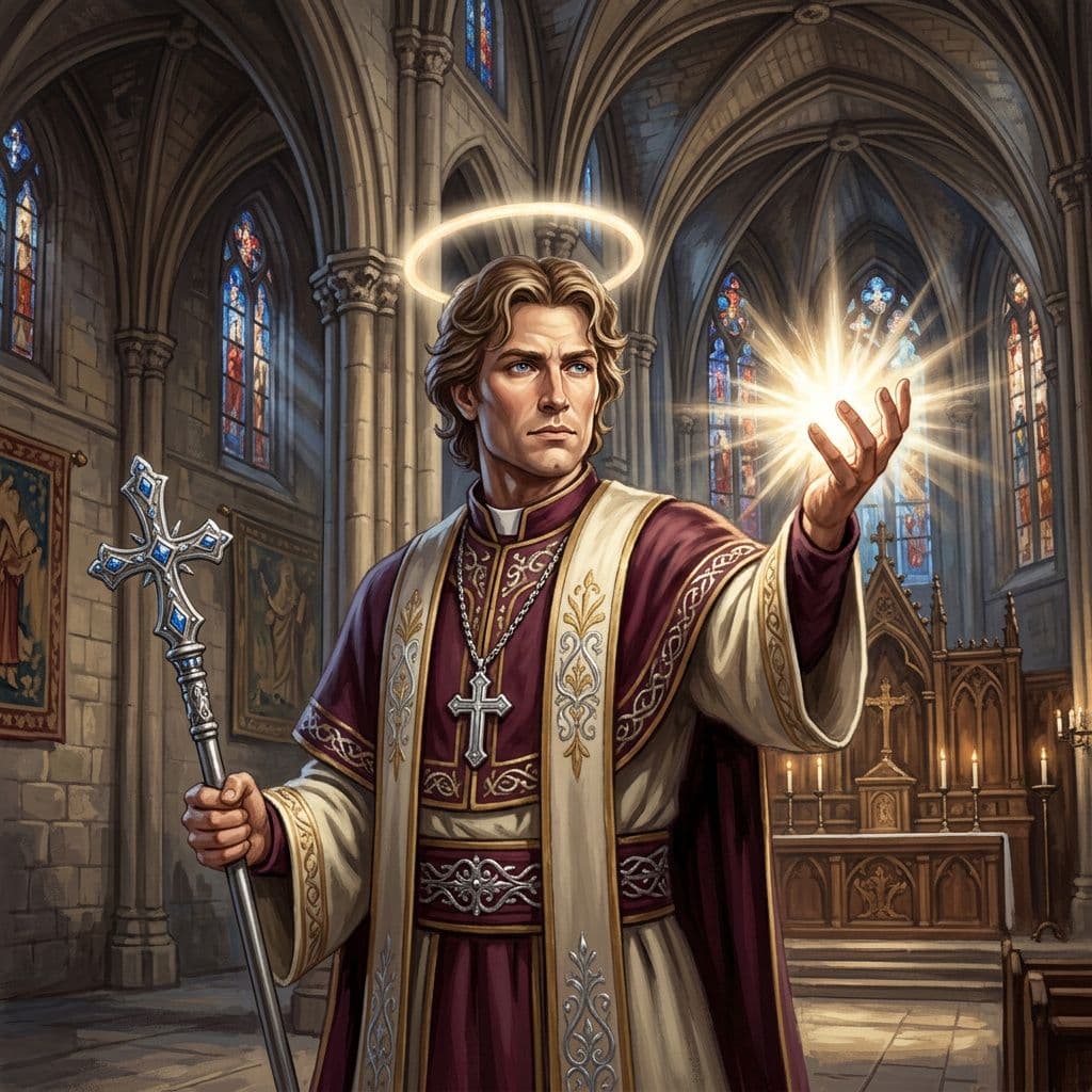 AI generated: a medieval priest in robes, with a translucent halo, chiseled facial features, wavy light brown hair...