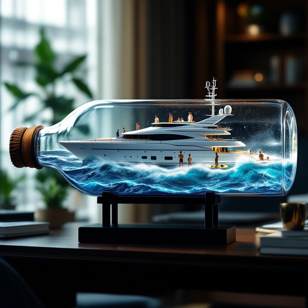 AI generated: A realistic ship in a bottle, featuring a luxury super yacht scene. The yacht is busy with a few peo...