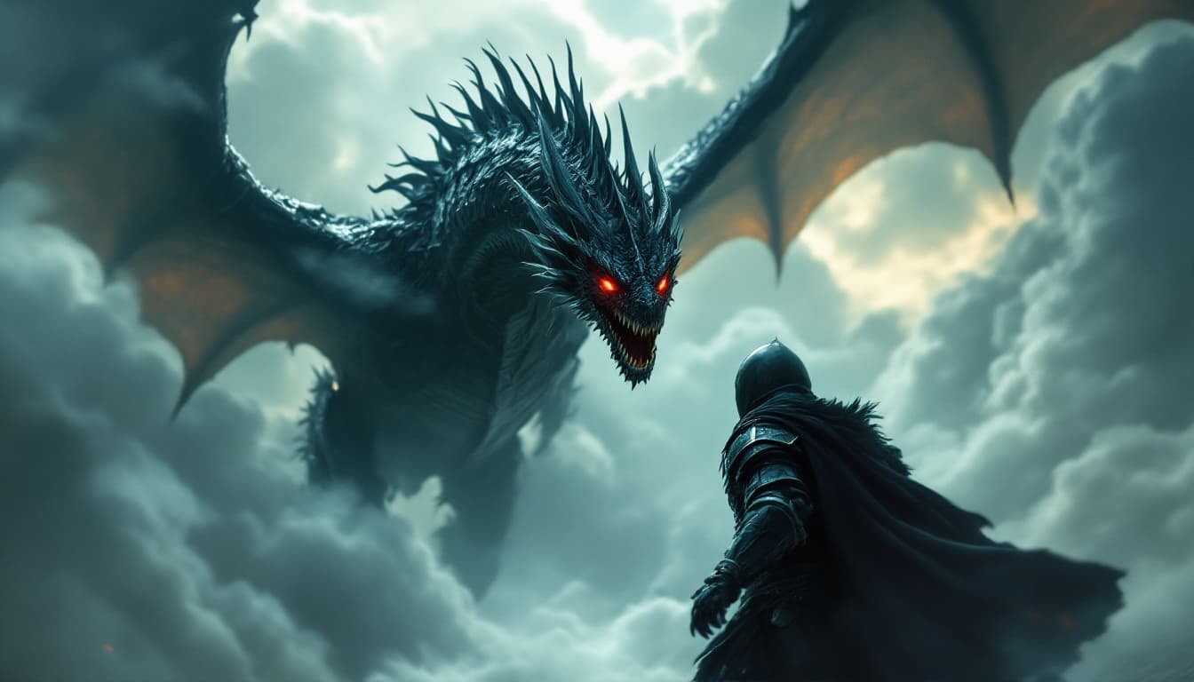 AI generated: a dramatic scene of a person in dark armor, possibly a knight, being swooped down upon by a large dr...