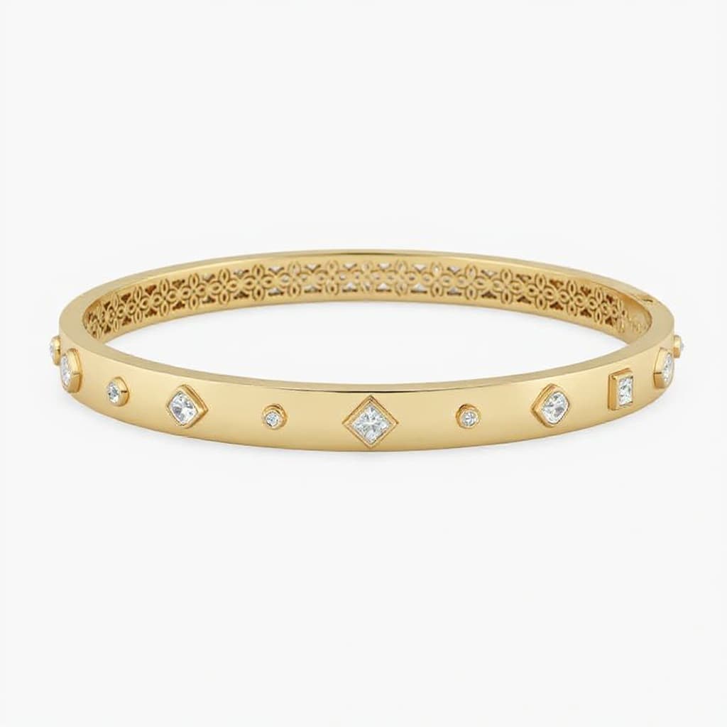 AI generated: same style bracelet but new design change shapr of stones and make suitable to all of 18k gold color...