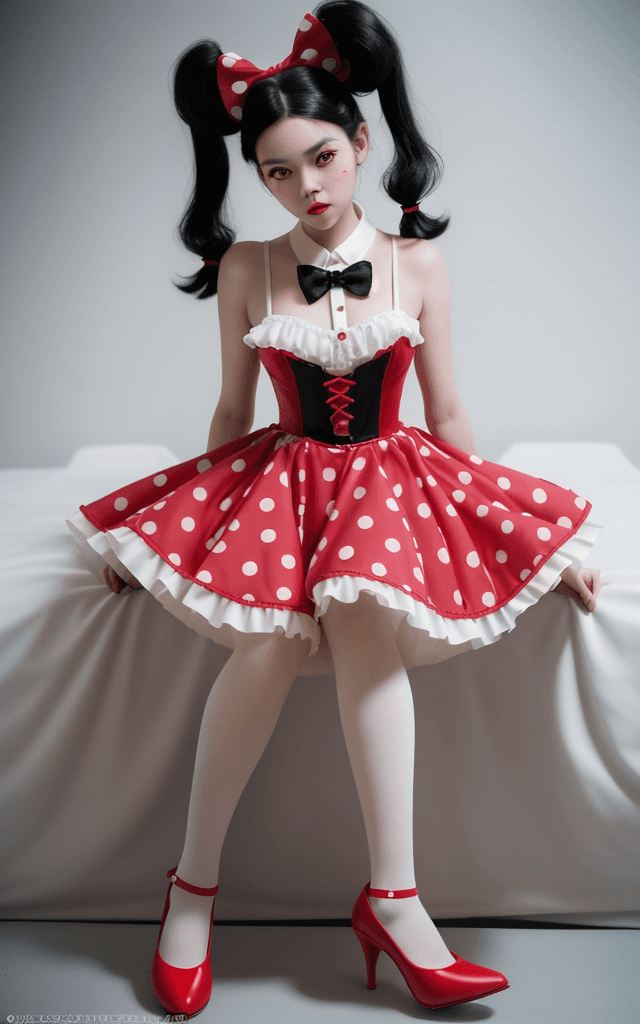 AI generated: Minnie mouse imagined as human girl, a beautiful girl, red frock with white polka dots, black hair, ...