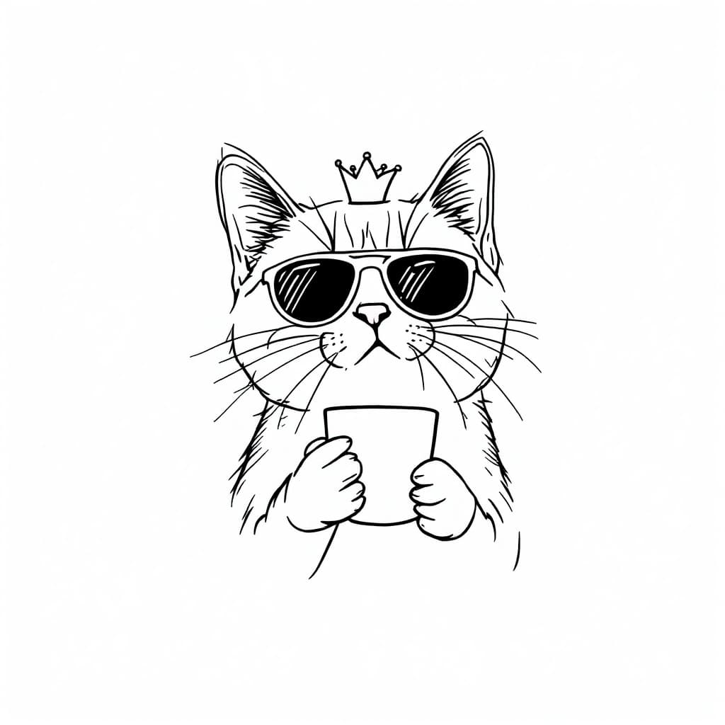 AI generated:  A single continuous-line drawing of a cat wearing sunglasses, sipping coffee, with a tiny crown on ...