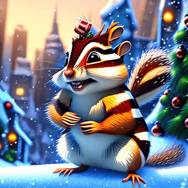 AI generated: (VERY-HAIRY CHRISTMAS-Chipmunk open posed amidst a frozen city in a pixar-style universe) "ultra-det...
