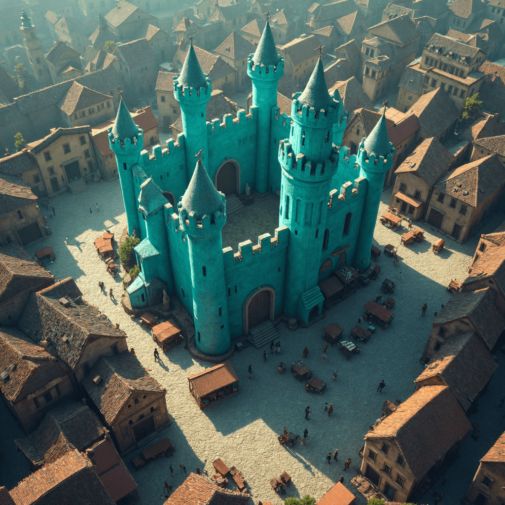 AI generated: From a bird's-eye view, a medieval town sprawls with cobbled streets, stone houses, and bustling mar...