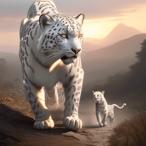 AI generated: Photo of a realistic white leopard approaching his prey, dramatic light, pale sunrise, New York, cin...