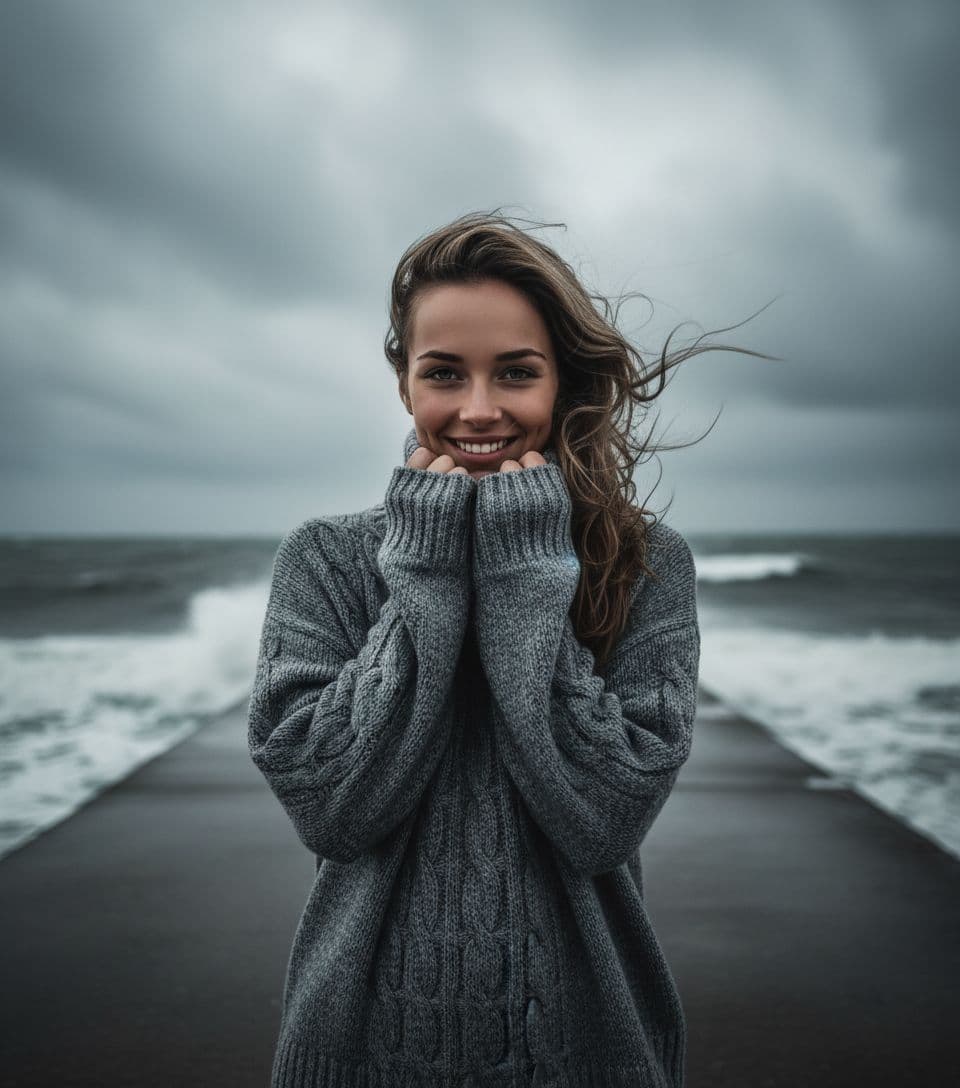 AI generated: A cinematic photo of the uploaded dark blonde pretty German woman on a stormy, gray concrete pier by...