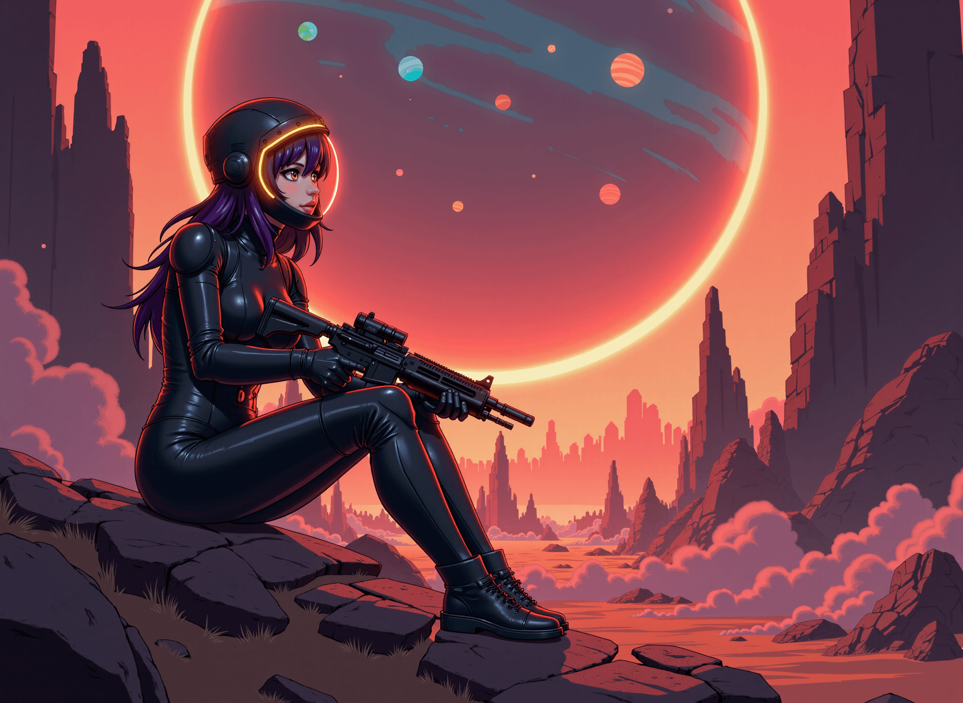 AI generated: Flat colour anime style image showing a woman in a skintight simple black scifi nanosuit armor with ...