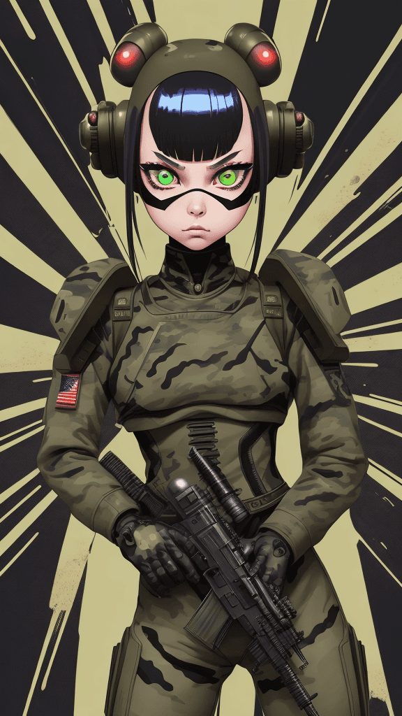 AI generated: in a funky army background portrait of little (alien woman)1.1, wearing (army attire):1.2, with a ((...