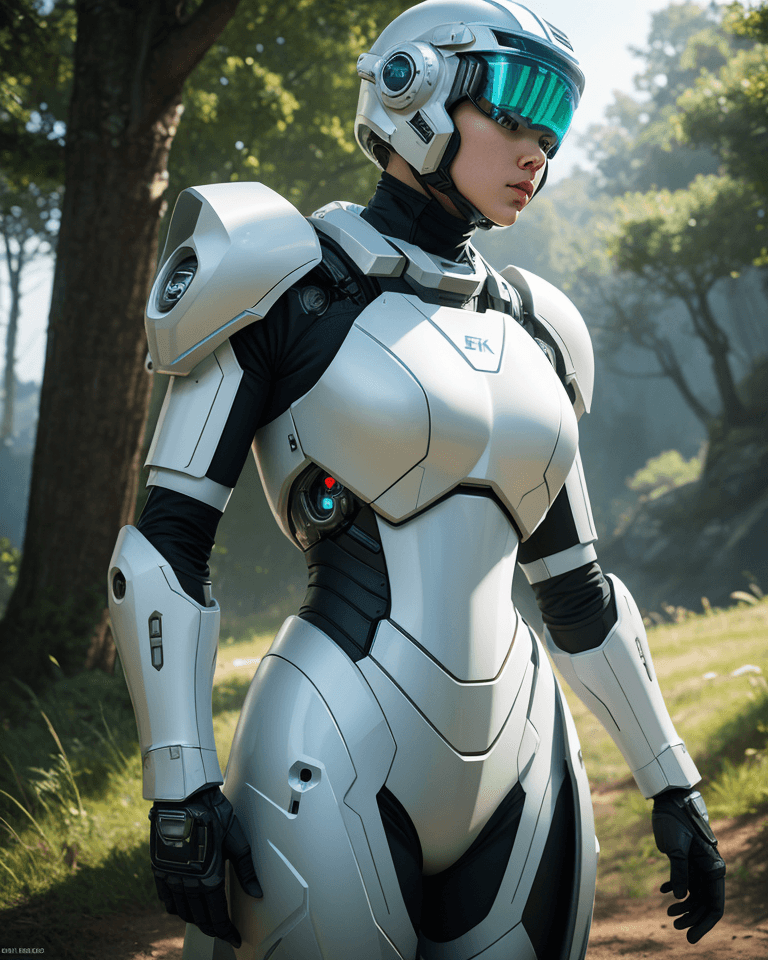 AI generated: 1 white sci-fi female armor with (cybernetic helmet), full armor, insulated armor, spacesuit, bald h...