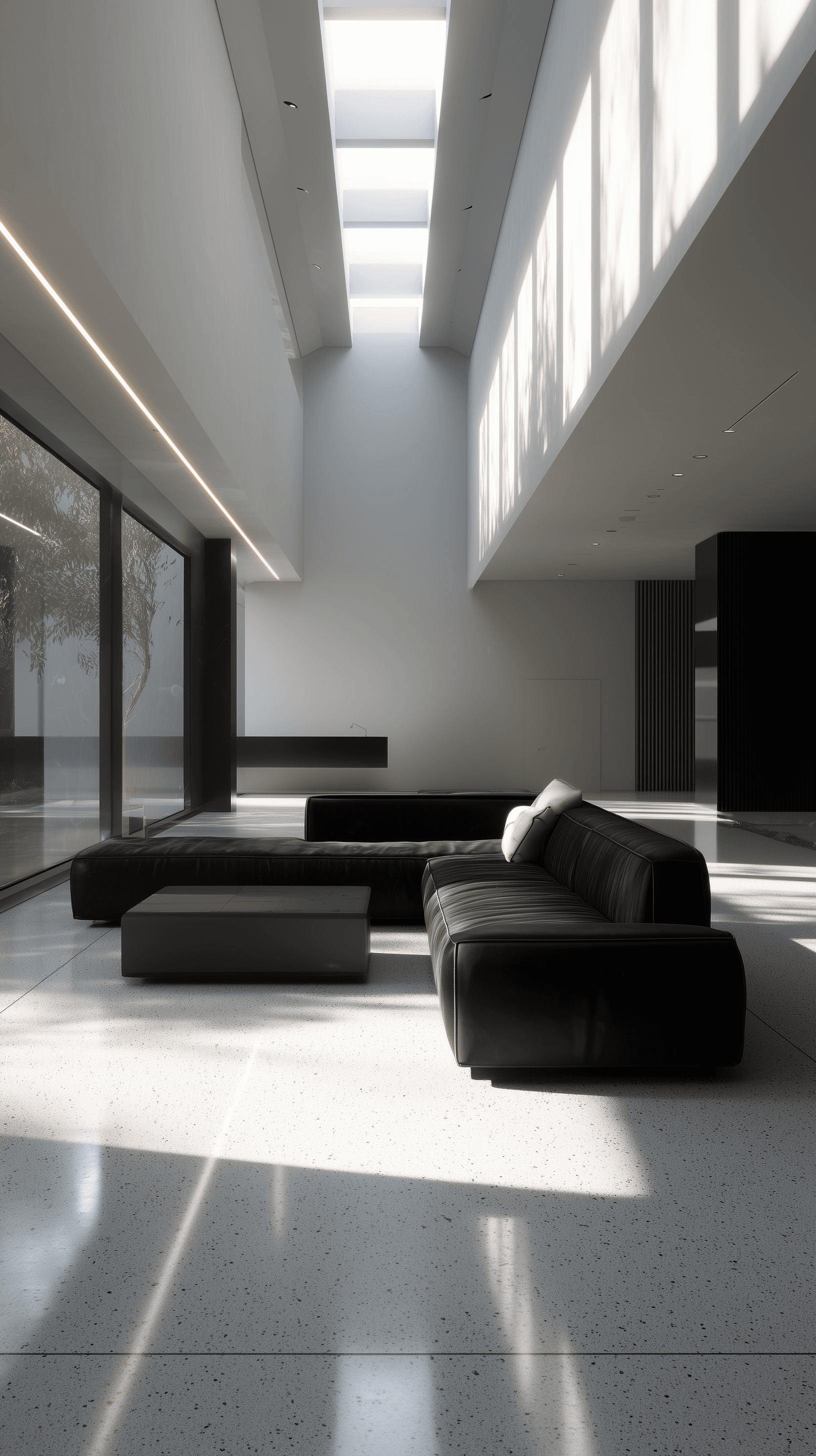 AI generated: photography, minimalist lounge, terrazzo flooring, clean lines, black and white color palette, state...