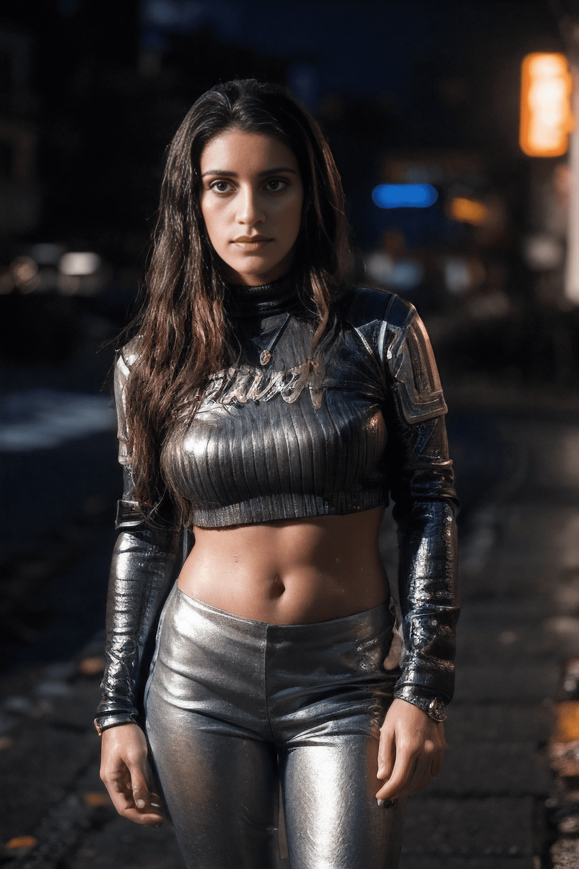 AI generated: Anya Chalotra, (1girl), (full body), (cyberpunk 2077 look), (long tight shiny, metallic pants:1.4), ...