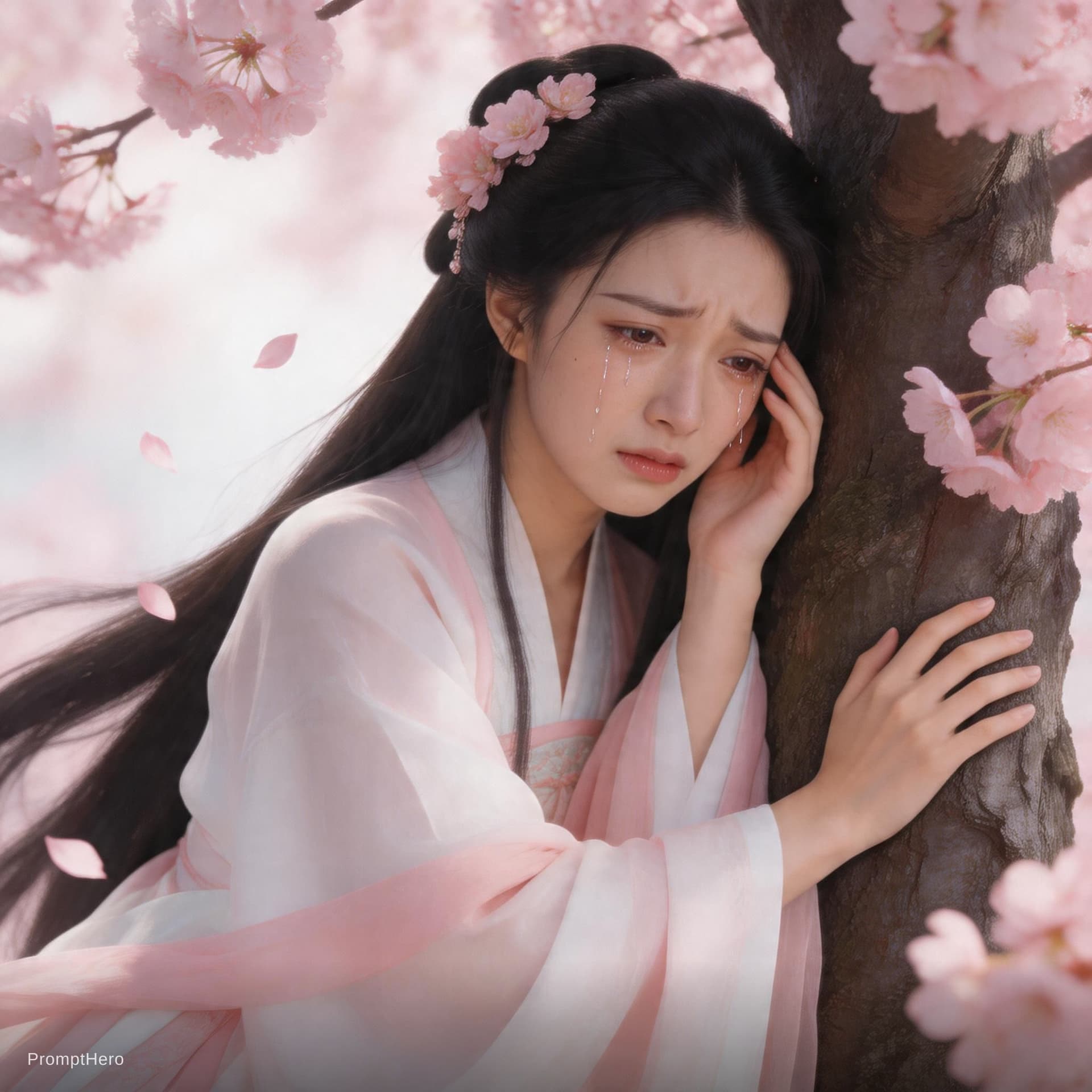 AI generated: a crying chinese fairy close to a cherry blossom tree