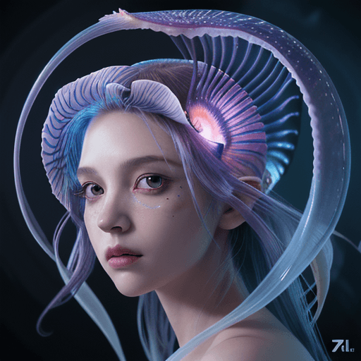 AI generated: Goddess close-up portrait ribcagel. jellyfish phoenix head, nautilus, orchid, skull, betta fish, bio...
