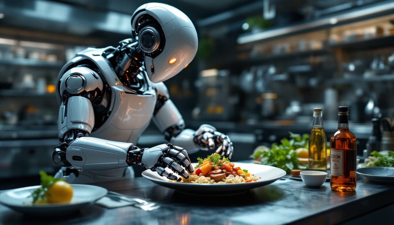 AI generated: A robotic chef preparing a gourmet meal in a high-tech kitchen, Poison bottle on the table, showcasi...