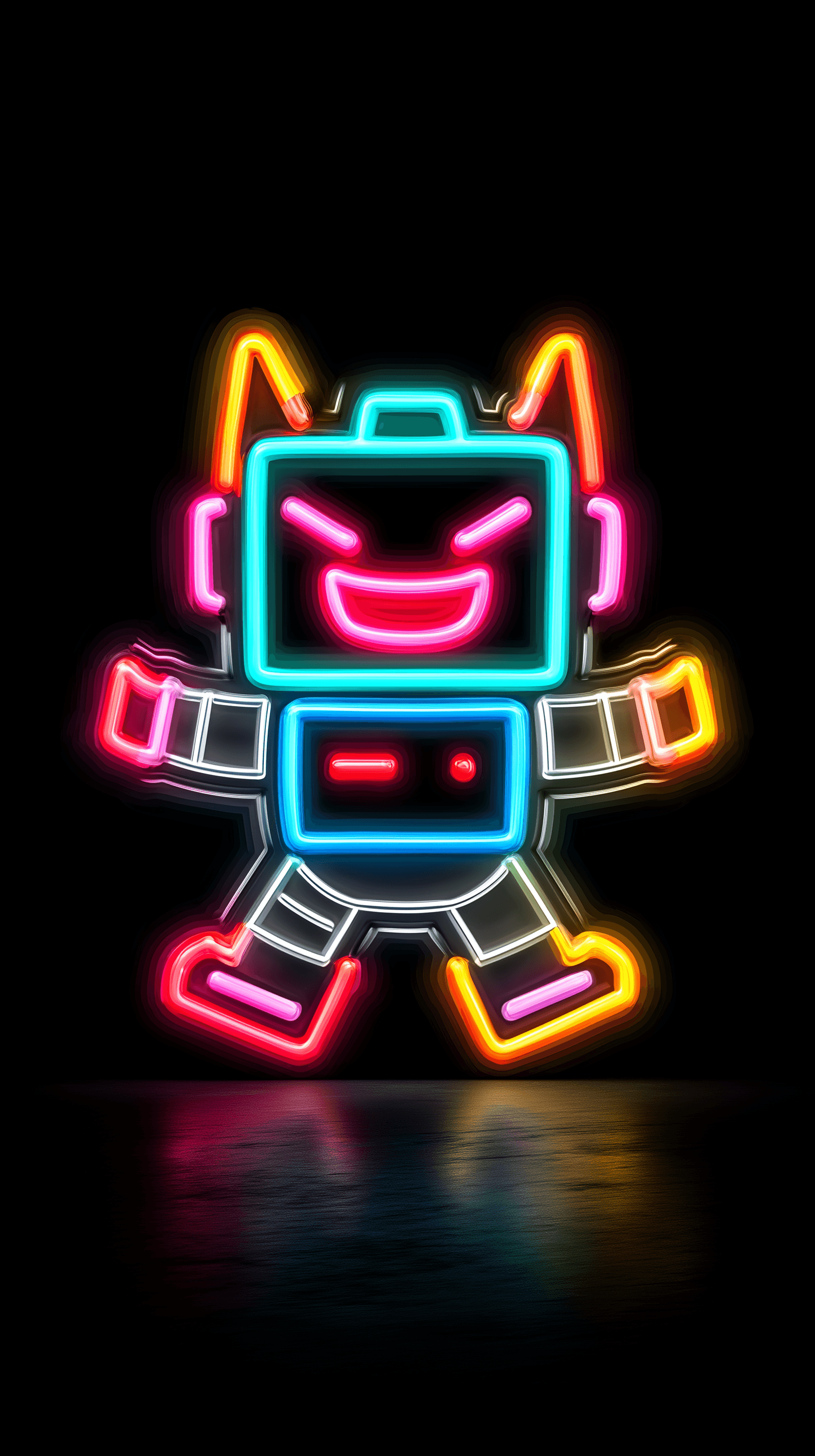 AI generated: neon sticker, front composition, kawaii robot character, vibrant glowing outline, solid black backgr...