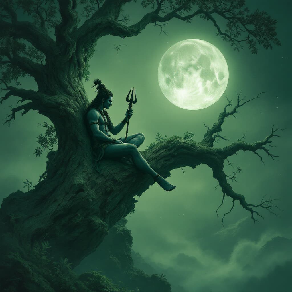 AI generated: A lord shiva figure sits on the edge of an old tree, holding a trishul in one hand, under a full moo...