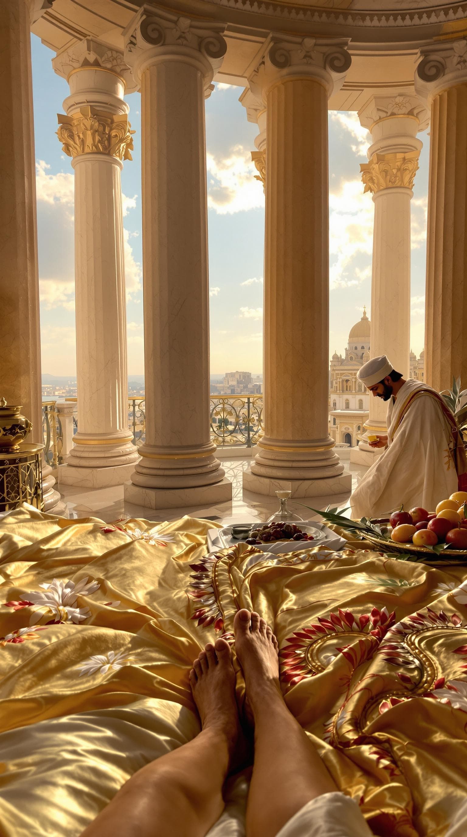 AI generated: A hyper-realistic first-person perspective of Cleopatra VII waking up in her royal chamber; the view...