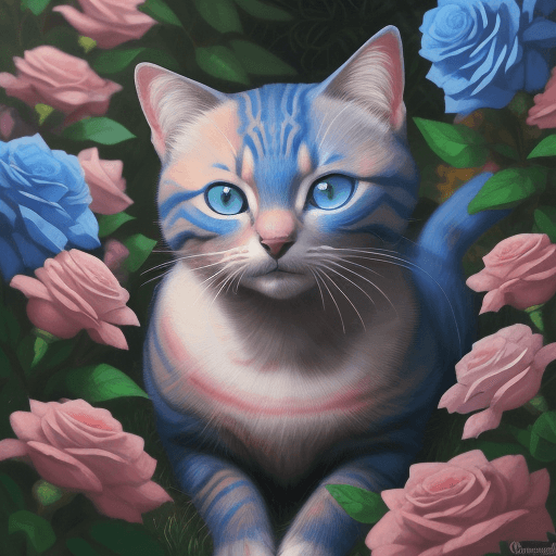AI generated: Una pintura de un gato con ojos azules sentado en un jardín de rosas, gato detallado, Arte detallado...