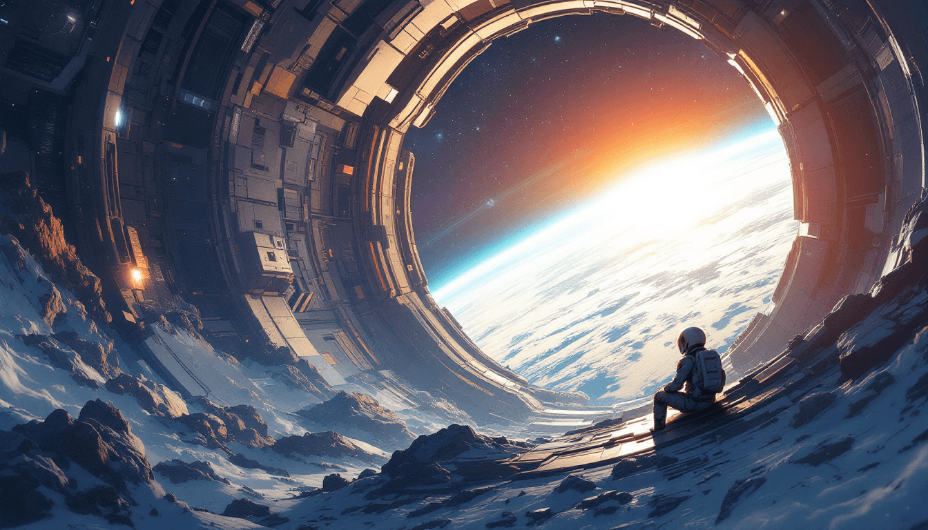 AI generated: illustration art, sci-fi concept, a small futuristic astronaut sitting at the threshold of a giganti...