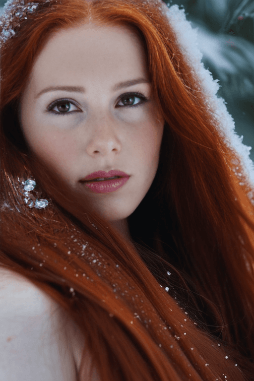 AI generated: upper body macro close-up, Irish woman standing in snow, long red hair, pale skin, freckled skin, de...