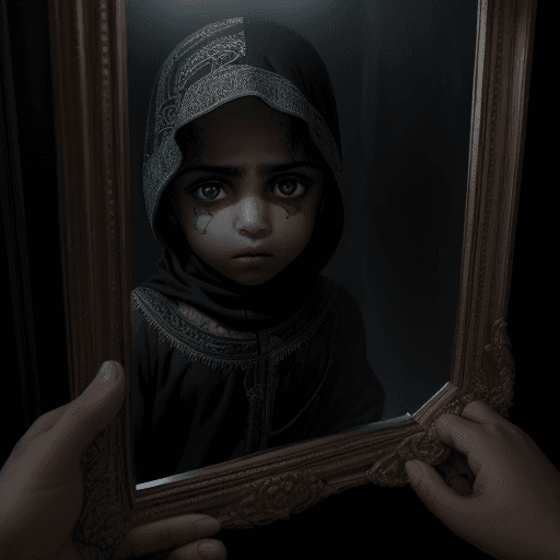 AI generated: A Muslim Arab child, who looks at himself in a broken mirror, in the style of Christopher Nolan, in ...