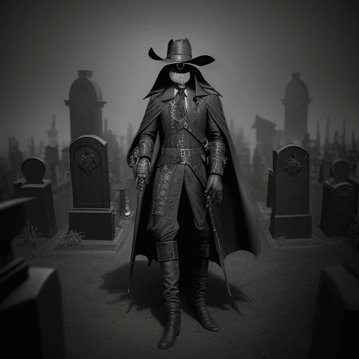 AI generated: 17th century Plague doctor, graveyard, fog, Hat, mask, leather, 6-shooter revolver, highly detailed,...