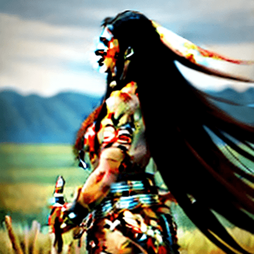 AI generated: beautiful native american woman hunting in the praerie in warrior outfit, long black hair flowing in...
